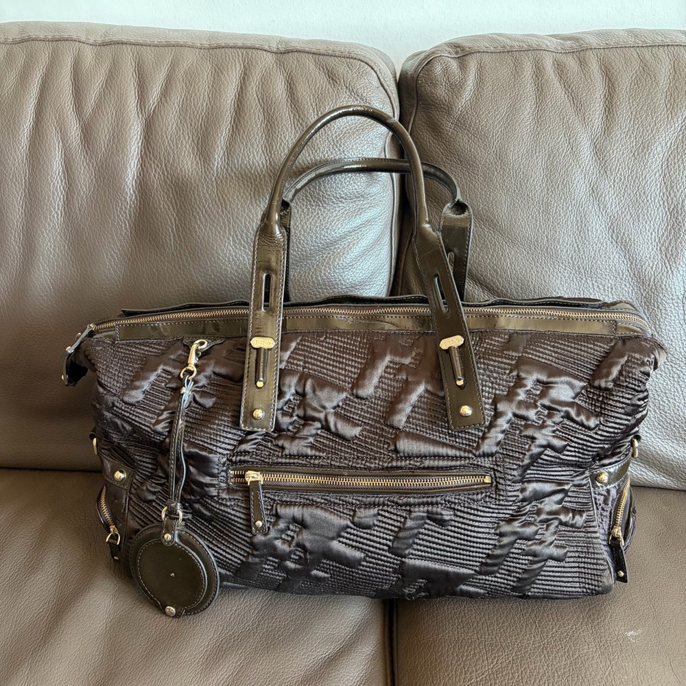 Folli Follie Rich Brown Quilted Travel Duffel Bag with Leather Trim